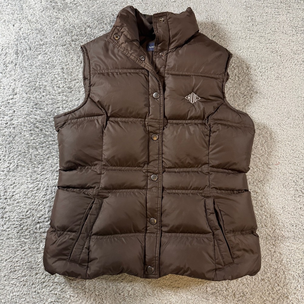 Lands' End Womens Puffer Vest XS Brown Down Filled Quilted Snap Front Outerwear